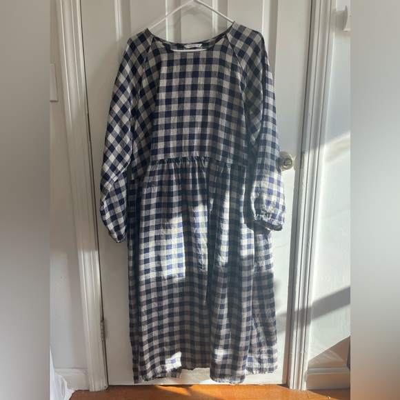 Linenfox Navy Gingham Linen Margo Dress L-XL - Picture 3 of 6